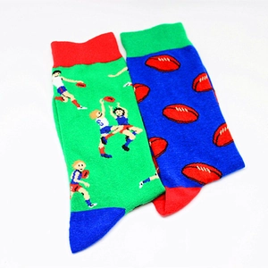 Detail of retro pixel rugby pattern socks made of soft cotton blend material