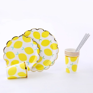 Disposable lemon theme party tableware set with paper plates and cups for picnic
