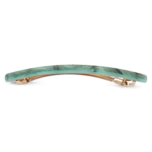Detailed view of teal marble pattern acetate hair barrette with gold metal spring clip