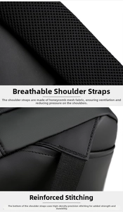 Detail of breathable honeycomb mesh shoulder straps and reinforced stitching on black backpack