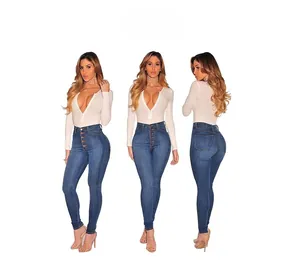 Detailed view of high waist skinny jeans with a five-button fly and slim fit design
