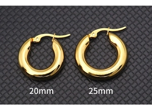 Polished gold stainless steel hoop earrings in 20mm and 25mm thickness variants