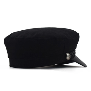 Classic black military newsboy hat for women with silver buttons and woven strap