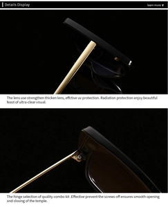 Detail of high-quality metal hinge and reinforced thick lens on black cat eye sunglasses