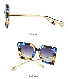Detailed side and back view of oversized tortoise shell sunglasses with pearl metal temples