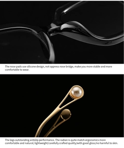 Detail of soft silicone nose pads and golden temples with decorative pearl accents