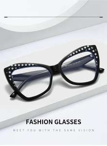 Detailansicht der TR90 Cat-Eye-Brille mit weißen Punkten und Größenparametern