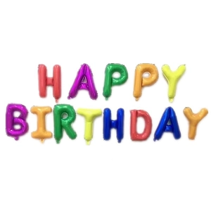 Detailed view of colorful HAPPY BIRTHDAY foil balloons set for party decoration