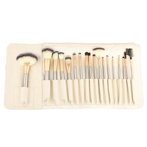 Professional 18-piece champagne makeup brush set with beige roll-up PU leather case