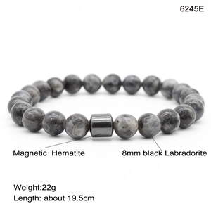 Detail showing 8mm black Labradorite beads and magnetic Hematite on white background