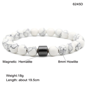 White Howlite and Magnetic Hematite 8mm beaded bracelet on a clean white background