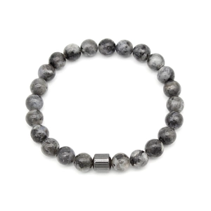 Macro shot of tiger eye stone beaded bracelet with grey labradorite and metal spacer bead
