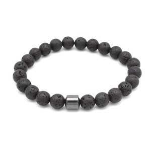 Detail of black volcanic lava stone beads with a cylindrical hematite accent bracelet