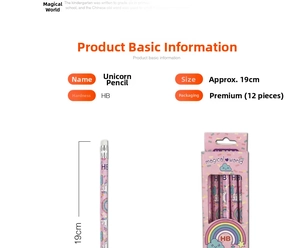 Detailed specs of pink unicorn pencils with HB lead and erasers in a 12-piece pack