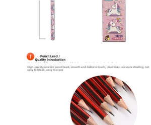 Close-up of 12pcs unicorn rainbow wooden pencils with ergonomic triangular grip for students