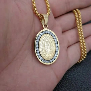 18k gold plated titanium necklace featuring a Virgin Mary pendant with cubic zirconia
