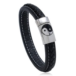 Bracelet tressé en cuir noir avec fermoir Yin Yang en acier inoxydable argenté