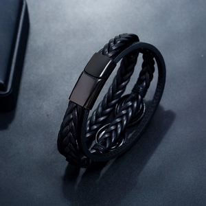 Men's multi-layer black braided leather bracelet with magnetic stainless steel clasp