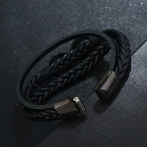Men's multilayer braided black leather bracelet with black polished magnetic clasp