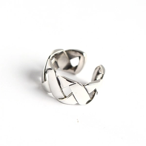 Minimalist S925 sterling silver braided wide open ring with cross chain design on white background