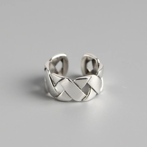 925 Sterling Silver Braided Woven Cross Ring Vintage Wide Band Adjustable Open Geometric Finger Jewelry Women