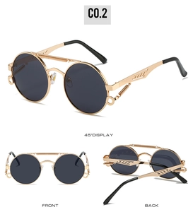 Steampunk round sunglasses with gold metal frame and spring temple details in three views