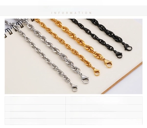 Detailed close-up of thick stainless steel rope chains in silver, gold, and black finishes