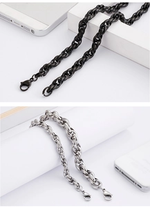 Detail of twisted rope chains in black and silver finishes with secure lobster clasp