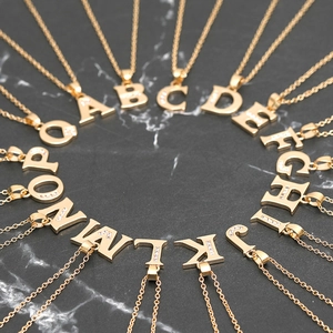 Golden 26 alphabet pendant necklaces with sparkling zircons on elegant O-chains