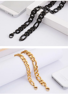 Detail view of black and gold stainless steel Cuban links with lobster clasps