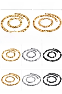 Detailed specs for 10mm-12mm 18K gold plated Figaro chain necklace and bracelet sets