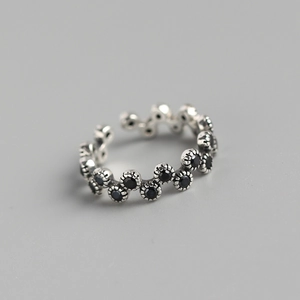 Wavy Open Ring 925 Sterling Silver Vintage Black Zircon Adjustable Finger Jewelry For Women Korean Style Elegant