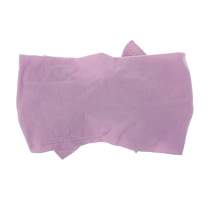 Detail view of pinkish-purple soft nylon cat ear headband for infants with elastic fabric