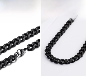 Close-up of durable matte black stainless steel NK chain necklace with lobster clasp