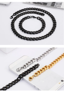 Detail shot of men's stainless steel NK Cuban chains in black, silver, and gold finish