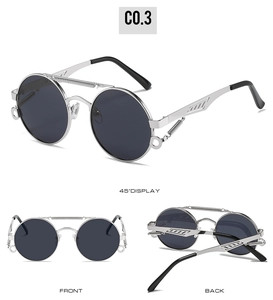 Macro detail of steampunk round sunglasses with spring metal frames and gray lenses