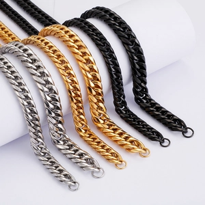 Men's bold Cuban link necklaces in silver, gold and black finishes set on plain background
