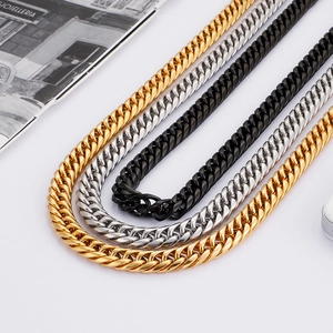 Heavy Cuban link chain necklaces for men in gold, silver, and black finish on white background