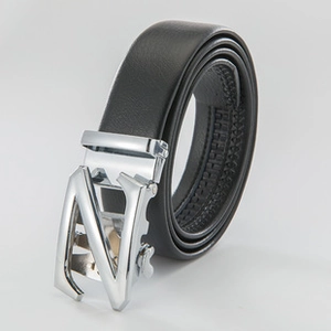 Detailed close-up of a black leather belt with a silver metal N-shaped automatic buckle