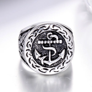 Vintage silver anchor signet ring for men with nautical punk engraving and steel finish