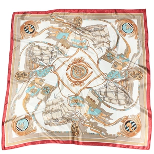 Elegant 90x90cm nautical silk scarf featuring vintage sailboats, anchors and red borders