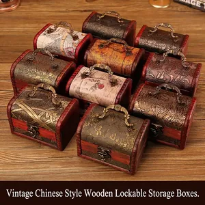Vintage wooden storage box with antique map print, metal handle and decorative lock clasp