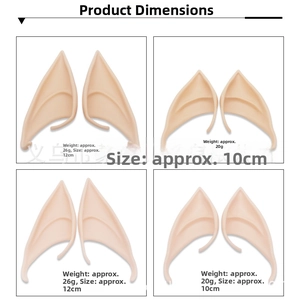 Detailed size guide for 10cm and 12cm latex elf ears with weight specifications