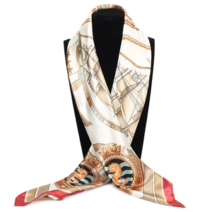 Silk satin square scarf featuring nautical patterns with sailing ships and red borders