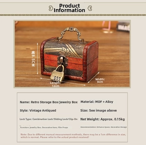 Detail view of vintage wooden jewelry box with metal lock and size specifications