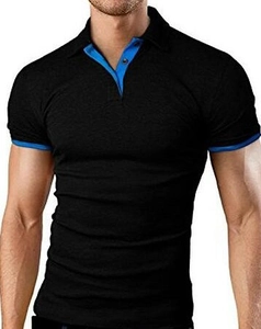 Polo homme noir cintré avec garniture de col bleue et détails de patte de boutonnage
