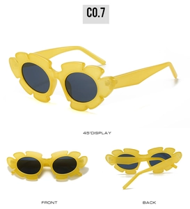 Three views of yellow daisy-shaped sunglasses with dark lenses and multi-angle display