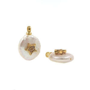 Detailed view of baroque pearl button pendants with micro-inlaid gold star and crystals