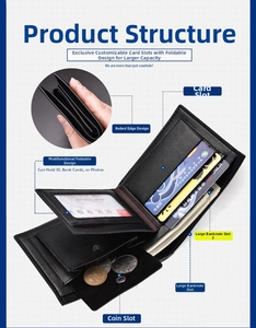 Detailed view of black tri-fold PU leather wallet with multi-card slots and coin pocket