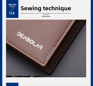 Detailed view of the brown PU leather wallet showing stitching and lychee grain texture